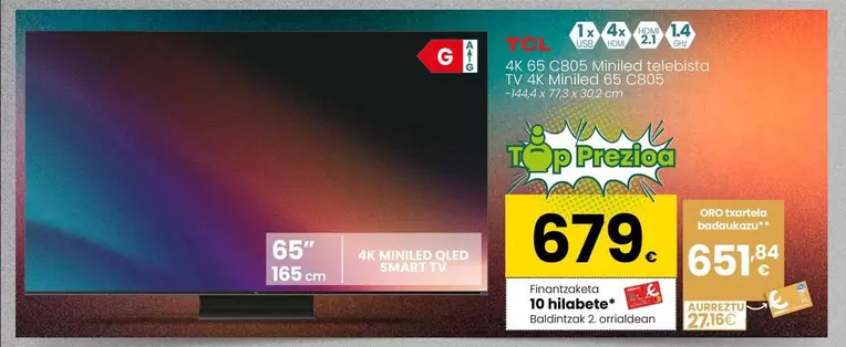 Oferta de TCL - Tv 4k Miniled 65 C805 por 679€ en Eroski