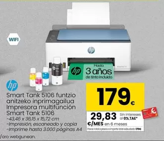 Oferta de HP - Impresora Multifuncion Smart Tank 5106 por 179€ en Eroski