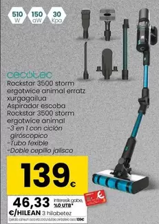 Oferta de Cecotec - Aspirador Escoba Rockstar 3500 Storm Ergotwice Animal por 139€ en Eroski