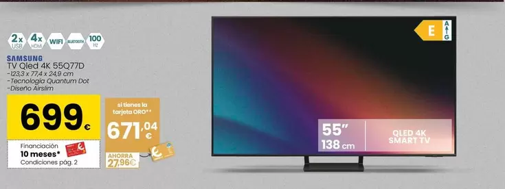 Oferta de Samsung - TV Qled 4K 55Q77D por 699€ en Eroski