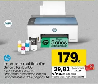 Oferta de HP - Impresora Multifuncion Smart Tank 5106 por 179€ en Eroski