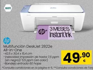 Oferta de HP - Multifuncion Deskjet 2822e All-in-one por 49,9€ en Eroski