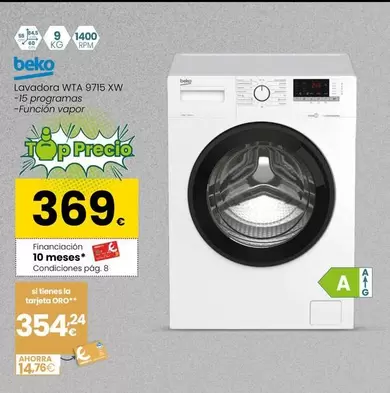 Oferta de Beko - Lavadora WTA 9715 XW por 369€ en Eroski