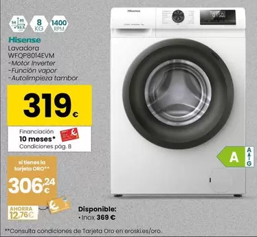 Oferta de Hisense - Lavadora WFQP8014EVM por 319€ en Eroski