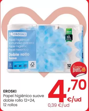 Oferta de Eroski - Papel Higiénico Suave Doble Rollo 12=24, 12 Rollos por 4,7€ en Eroski