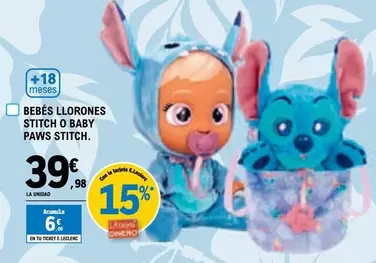 Oferta de Bebes Llorones - Stitch O Baby Paws Stitch por 39,98€ en E.Leclerc