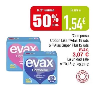 Oferta de Evax - Compresas Cotton Like Alas 19 Uds O Alas Super Plus12 Uds por 3,07€ en Masymas