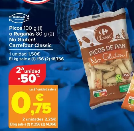 Oferta de Carrefour - Picos O Reganas No Gluten! Classic por 1,59€ en Carrefour