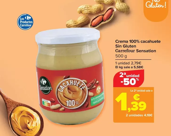 Oferta de Carrefour Sensation - Crema 100% Cacahuete  Sin Gluten  por 2,79€ en Carrefour