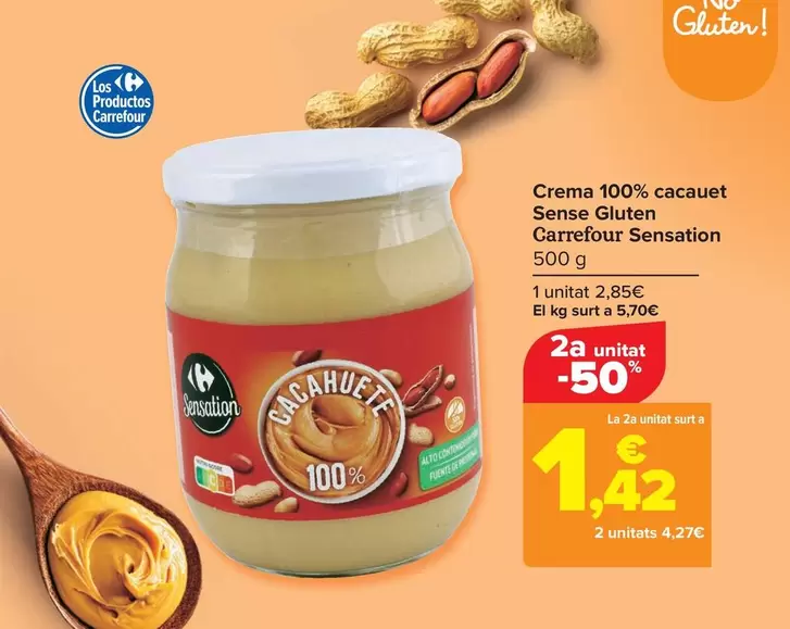 Oferta de Carrefour Sensation - Crema 100% Cacahuete  Sin Gluten  por 2,85€ en Carrefour