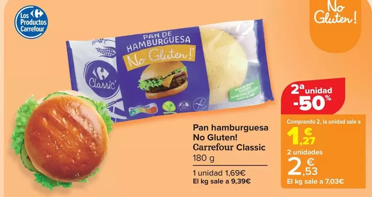 Oferta de Carrefour - Pan Hamburguesa No Gluten Classic por 1,69€ en Carrefour