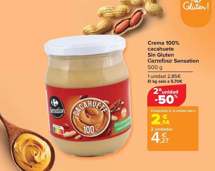 Oferta de Carrefour Sensation - Crema 100% Cacahuete  Sin Gluten  por 2,85€ en Carrefour