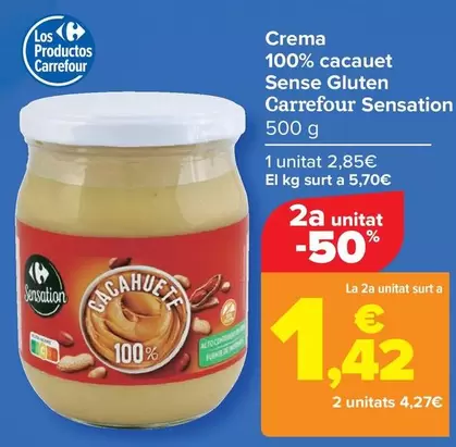 Oferta de Carrefour - Crema 100% Cacahuete Sin Gluten por 2,85€ en Carrefour