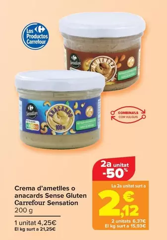 Oferta de Carrefour - Crema De Almendras O Anacardos Sin Gluten Sensation por 4,25€ en Carrefour