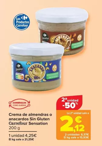 Oferta de Carrefour - Crema De Almendras O Anacardos Sin Gluten Sensation por 4,25€ en Carrefour