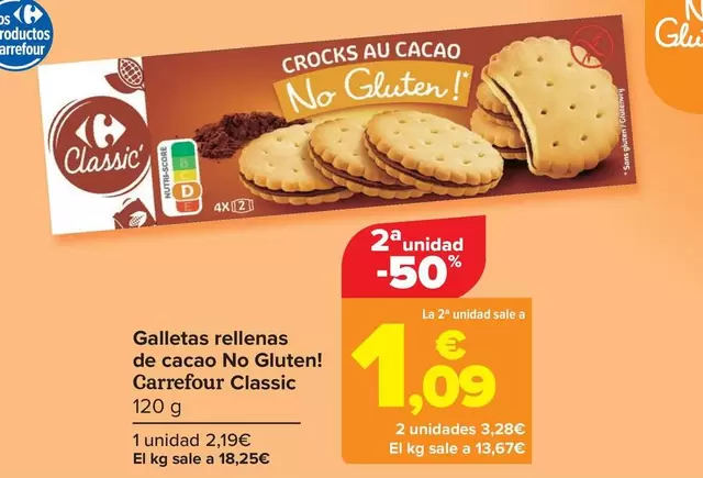 Oferta de Carrefour - Galletas Rellenas De Cacao No Gluten! Classic por 2,19€ en Carrefour