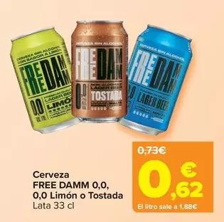 Oferta de Free Damm - Cerveza 0,0 0,0 Limón O Tostada por 0,62€ en Carrefour