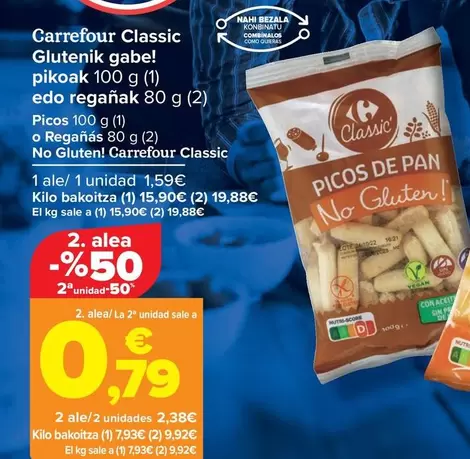 Oferta de Carrefour - Picos O Reganas No Gluten! Classic por 1,59€ en Carrefour