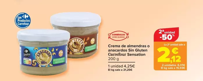 Oferta de Carrefour Sensation - Crema De Almendras O Anacardos Sin Gluten  por 4,25€ en Carrefour