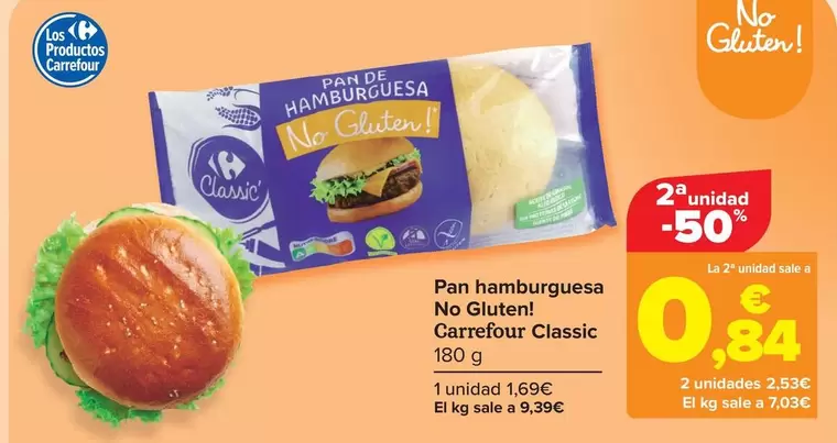 Oferta de Carrefour - Pan Hamburguesa No Gluten Classic por 1,69€ en Carrefour