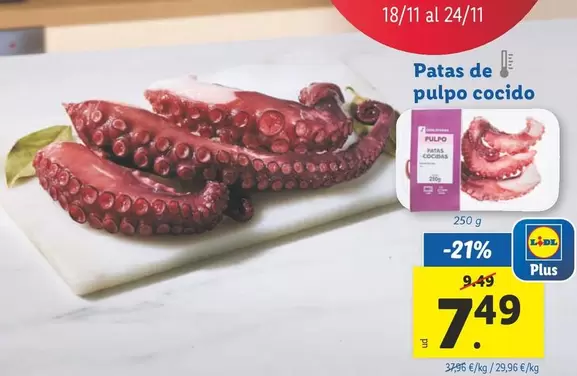 Oferta de Patas De Pulpo Cocido por 7,49€ en Lidl