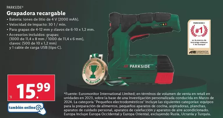 Oferta de Parkside - Grapadora Recargable por 15,99€ en Lidl