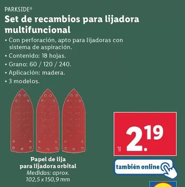 Oferta de Parkside - Set De Recambios Para Lijadora Multifuncional  por 2,19€ en Lidl