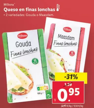 Oferta de Milbona - Queso En Finas Lonchas por 0,95€ en Lidl