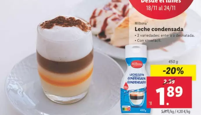 Oferta de Milbona - Leche Condensada por 1,89€ en Lidl