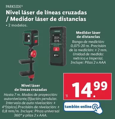 Oferta de Parkside - Nivel Láser De Líneas Cruzadas/Medidor Láser De Distancias por 14,99€ en Lidl