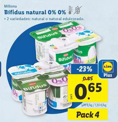 Oferta de Milbona - Bífidus Natural 0% 0% por 0,65€ en Lidl