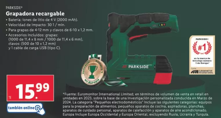 Oferta de Parkside - Grapadora Recargable por 15,99€ en Lidl