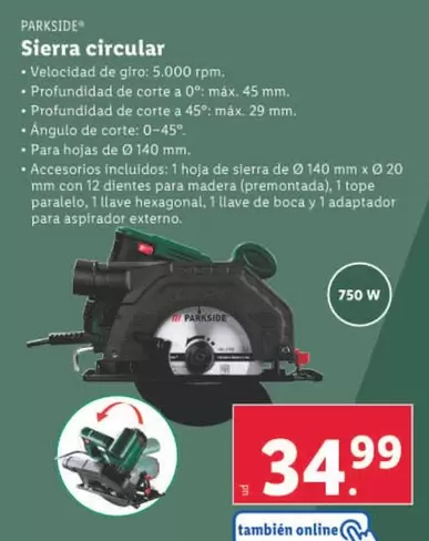 Oferta de Parkside - Sierra Circular  por 34,99€ en Lidl