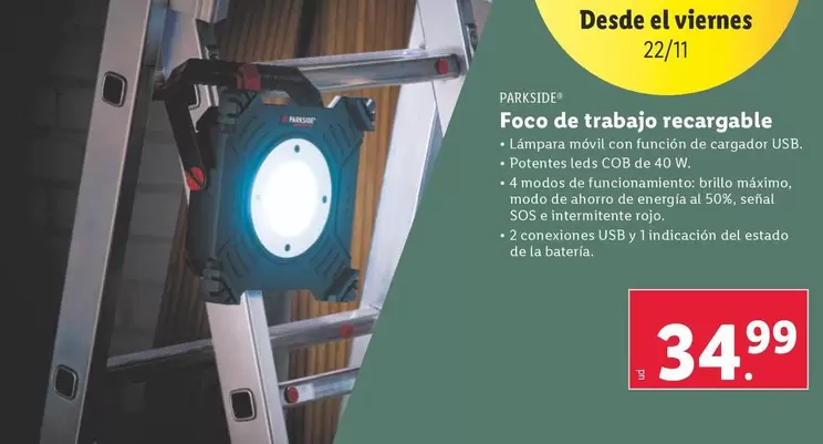 Oferta de Parkside - Foco De Trabajo Recargable por 34,99€ en Lidl