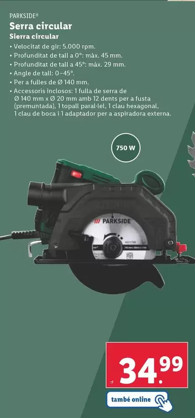 Oferta de Parkside - Sierra Circular por 34,99€ en Lidl