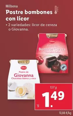 Oferta de Milbona - Postre Bombones Con Licor por 1,49€ en Lidl