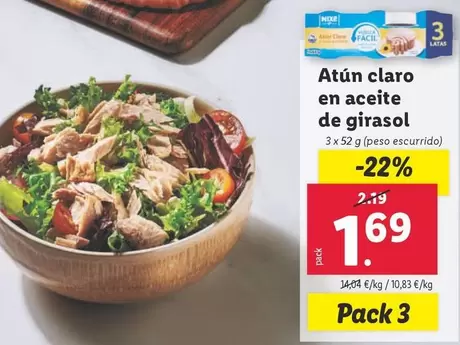 Oferta de Atún Claro En Aceite De Girasol  por 1,69€ en Lidl