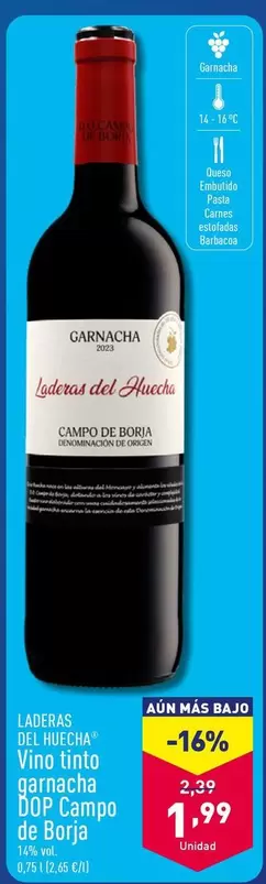 Oferta de Laderas Del Huecha - Vino Tinto Garnacha DOP Campo De Borja por 1,99€ en ALDI