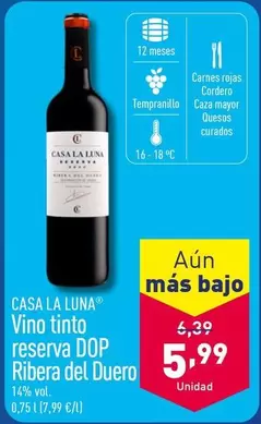 Oferta de Casa La Luna - Vino Tinto Reserva DOP Ribera Del Duero por 5,99€ en ALDI