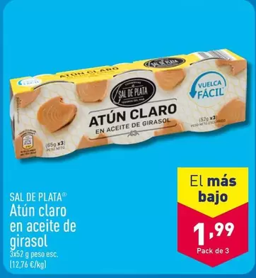 Oferta de Sal de Plata - Atún Claro En Aceite De Girasol por 1,99€ en ALDI