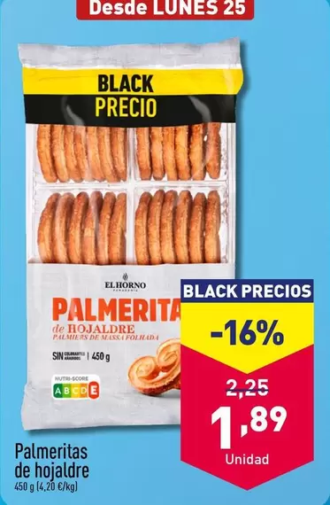 Oferta de Palmeritas De Hojadre por 1,89€ en ALDI