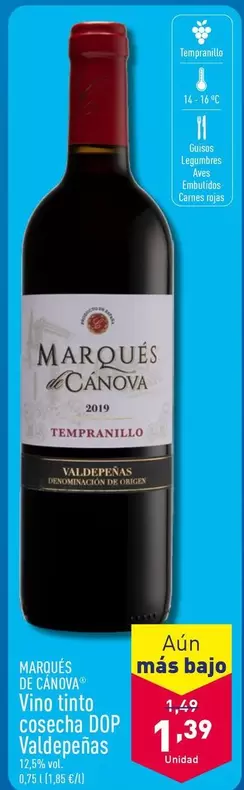 Oferta de Marques De Canova - Vino Tinto Cosecha DOP Valdepenas por 1,39€ en ALDI