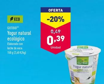 Oferta de Gutbio - Yogur Natural Ecológico por 0,39€ en ALDI