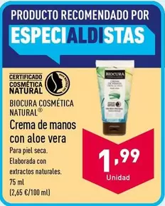 Oferta de Biocura Cosmetica Natural - Crema De Manos Con Aloe Vera por 1,99€ en ALDI