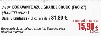 Oferta de Bogavante Azul Grande Crudo por 15,9€ en Abordo