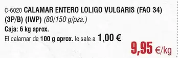 Oferta de Calamar Entero Loligo por 9,95€ en Abordo