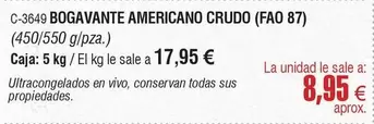 Oferta de Bogavante Americano Crudo por 8,95€ en Abordo