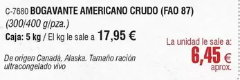 Oferta de Origen - Bogavante Americano Crudo (FAO 87) por 6,45€ en Abordo