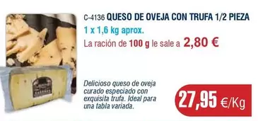 Oferta de Ideal - Queso De Oveja Con Trufa 1/2 Pieza por 27,95€ en Abordo