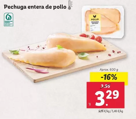 Oferta de Pechuga Entera De Pollo por 3,29€ en Lidl